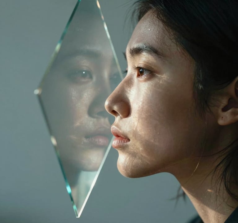 Artistic profile photography of a creative visionary in a North American / US setting. The subject is partially obscured by a glass prism, creating beautiful light refractions in shades of dusty blue and off-white. The mood is immersive and thoughtful.