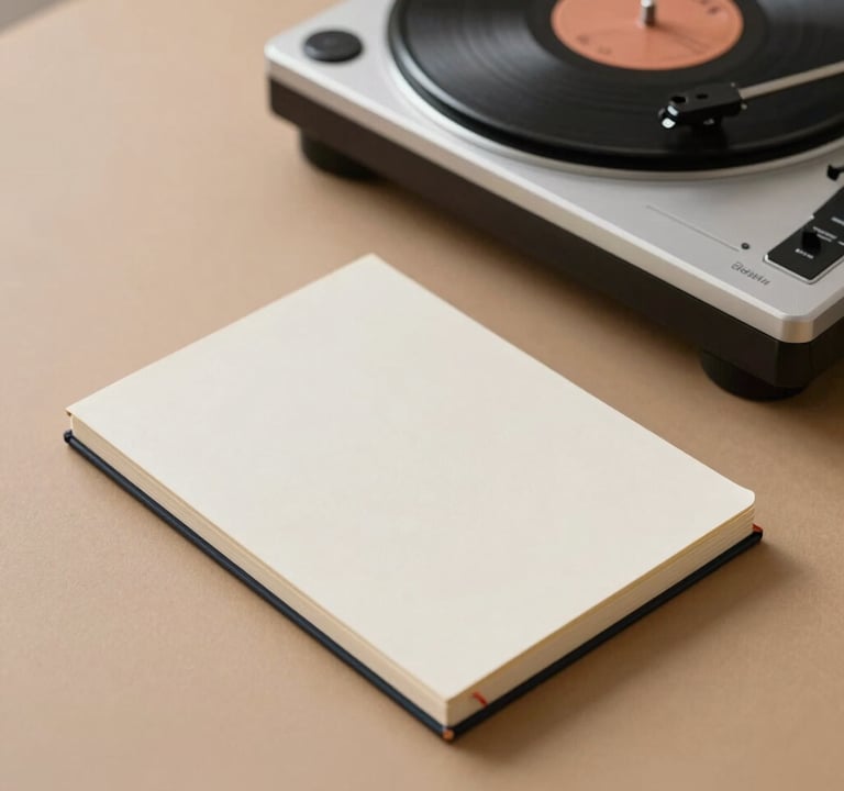 Minimalist photograph of a hardbound journal sitting next to a modern record player on a tan surface. Soft shadows and a clean composition reflecting a quiet moment of writing and listening. International / Western home office setting.