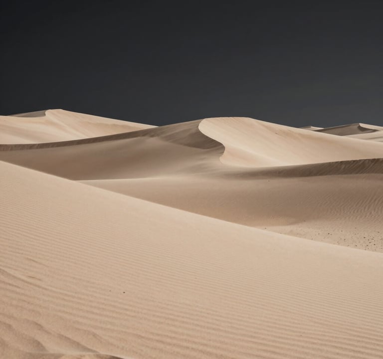 A refined, artistic landscape detail showing rolling dunes under a moonlit sky. The sand is a soft beige (#B5A591) and the shadows are a deep black (#000000). The composition is minimalist and elegant, focusing on the curve of the land.