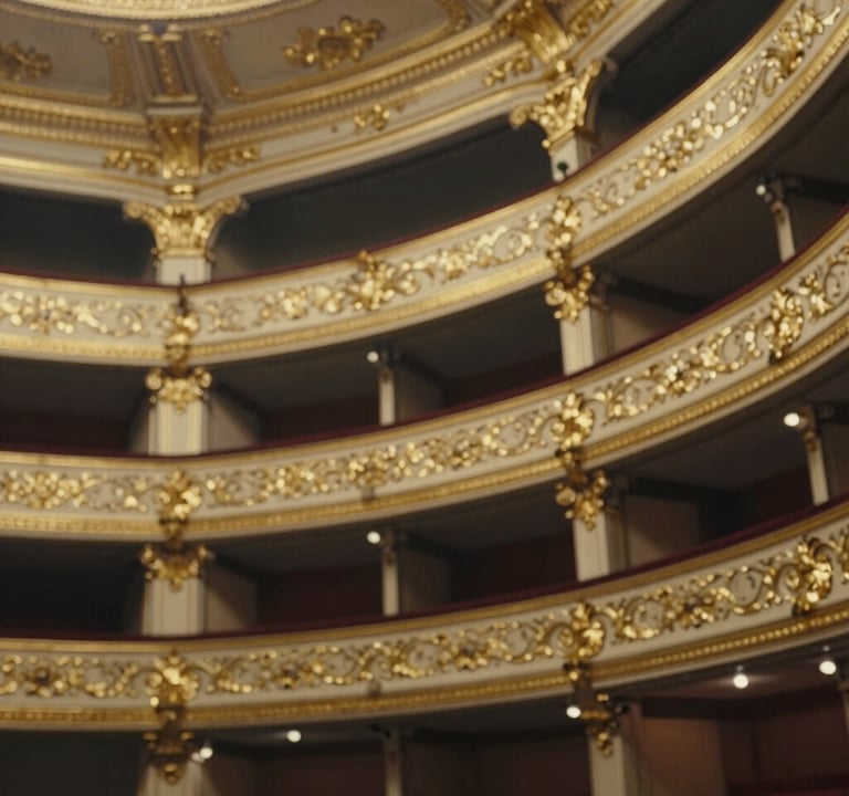 An abstract, artistic composition of gold-leafed architectural details from a classic Italian opera house. The style is sophisticated, using high contrast between the #262626 shadows and the bright #DDCBC0 textures of the ornate carvings.