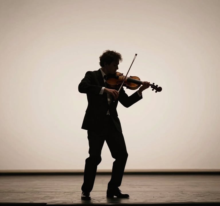 A professional violinist performing on a dimly lit stage of a classic Southern European / Spanish theater. Elegant silhouette against a soft off-white background, wearing formal attire. The composition is clean and artistic.