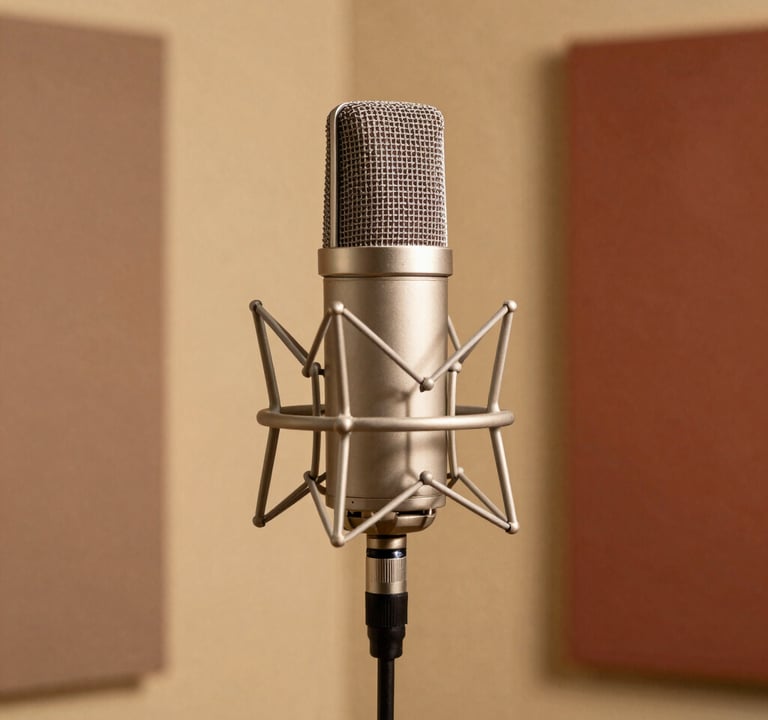 A high-end professional studio microphone on a stand. The room behind it is warm and inviting, with sound panels in shades of warm sand and muted terracotta. Soft, golden studio lighting.