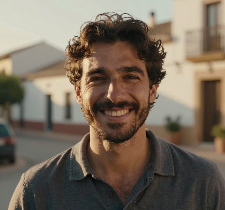 A natural portrait of a man smiling warmly, captured in a candid moment. Sun-drenched setting in a Spanish village, soft cinematic blur, golden hour lighting.