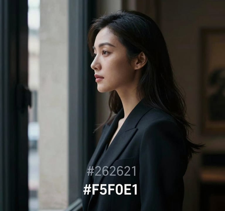 A candid, elegant portrait of a figure looking out of a window. The light is diffused and natural, highlighting the sophisticated atmosphere. The color scheme incorporates #262626 for depth and #F5F0E1 for the highlights, following the brand mood of timeless elegance.