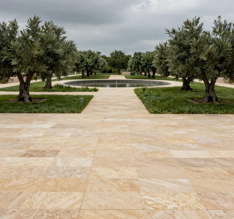 A wide architectural photograph of a modern peri-urban water management project. The scene features geometric stone paths in warm beige cutting through lush olive green wetlands. The sky is a muted, overcast gray, giving a professional, editorial look.