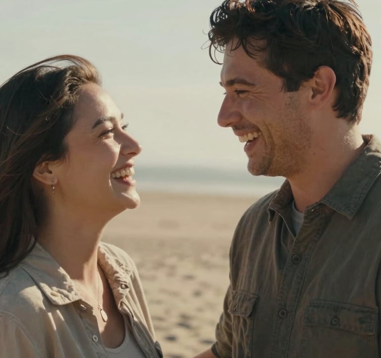 A cinematic candid shot of a happy couple laughing together in a North American / US outdoor setting. The environment is sun-drenched and warm, emphasizing genuine human interaction and storytelling. The background features soft sand tones and a professional, approachable aesthetic.