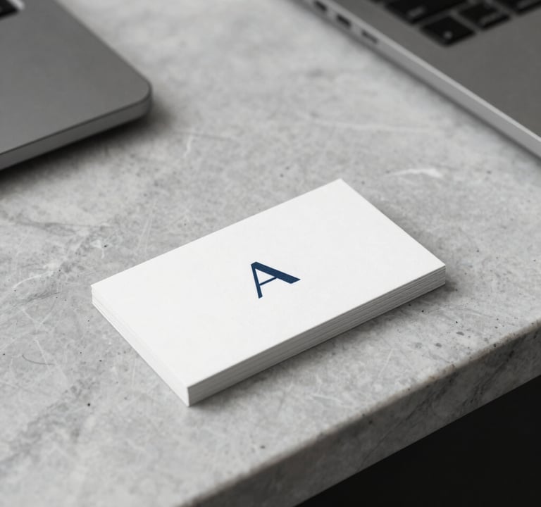 A minimalist branding display featuring a sleek business card with a clean typography logo, placed on a light gray marble surface in a high-end North American / US office space.