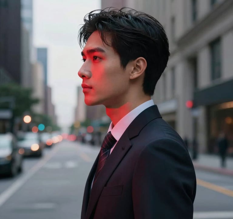 Side profile view of a model in a North American urban setting, wearing dark professional attire, soft red glow illuminating the face, deep shadows, clean and modern aesthetic.