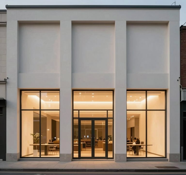 Full-width architectural exterior of a commercial building at dusk. Warm interior lighting glows through glass panels, contrasting with the soft off-white and pale silver gray exterior walls. Minimalist and elegant atmosphere.