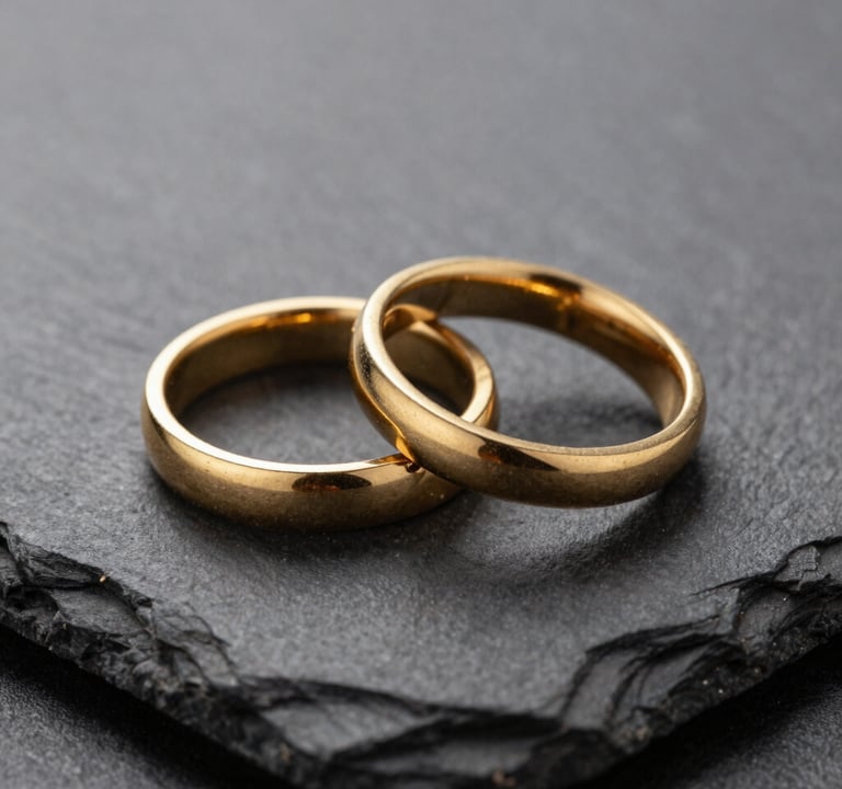 Macro photography of two gold wedding bands resting on a dark slate surface. Sophisticated side-lighting, shallow depth of field, elegant and minimalist composition, Southern European / Spanish luxury context.