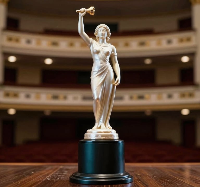 A low-angle shot of an elegant film festival trophy placed on a dark wooden surface, with a blurred South American / Brazilian theater background. Lighting is soft and focused, using pearl white and dark slate teal colors.