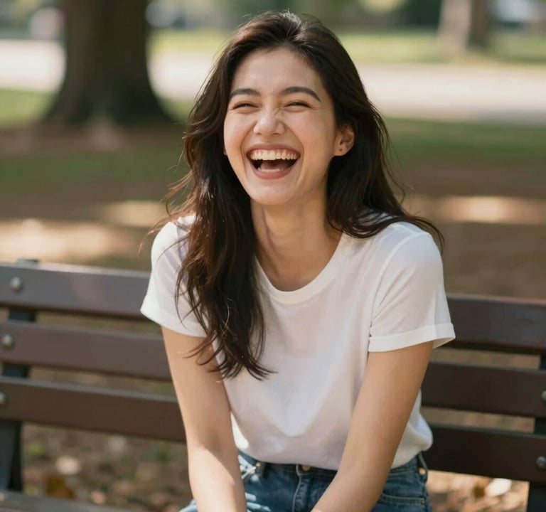 A candid portrait of a woman laughing, sitting on a wooden bench outdoors. The light is dappled through trees, creating a warm, sun-drenched effect. The mood is joyful and authentic, capturing real emotion.