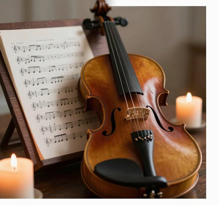 A close-up of a classical violin and a sheet of music on a dark wooden stand. The sheet music features handwritten notes. The scene is illuminated by a single warm candle, creating a mood of refined artistry. Colors used are #2B2D42, #F5F0EC, and #8D6A6A.