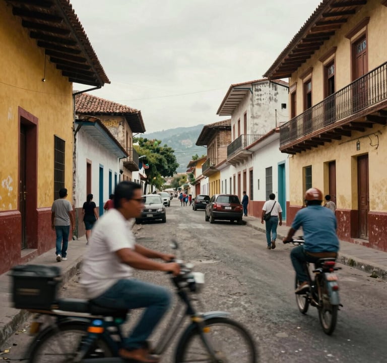 Photography of a vibrant street scene in a South American city, blurred movement to convey energy, rich textures, captured for a commercial thumbnail.
