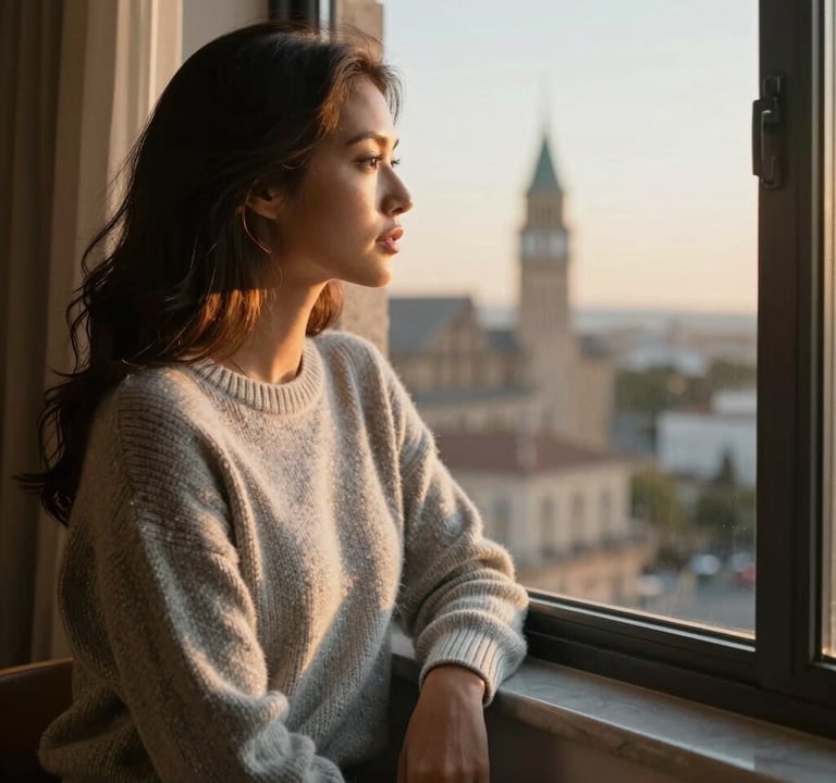 A woman looking out a window at a travel destination, wearing a neutral knit sweater, soft silver sage tones in the room, golden hour lighting.