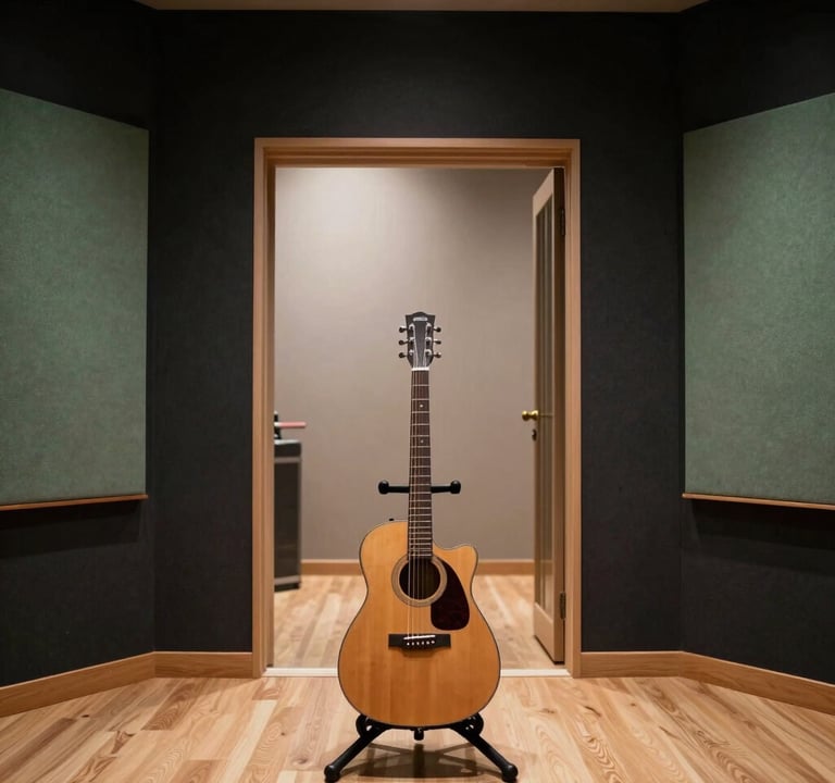 A wide cinematic shot of a recording studio interior. In the center, a guitar stands on a rack. The walls are charcoal black with muted slate green acoustic panels. Soft off-white light spills from a doorway.