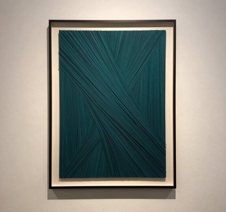 A vertical shot of a framed piece of generative art hanging on an off-white gallery wall. The art consists of millions of fine deep teal lines creating a sense of movement. The lighting is soft and contemplative.