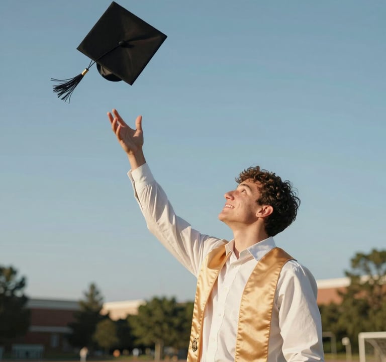 A candid photography shot of a senior student in their graduation cap, tossing it into the air against a clear North American sky. The lighting is bright and cheerful, highlighting Cream and Tan tones in the clothing and surrounding landscape.