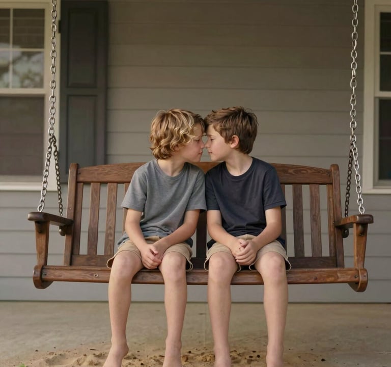 Two young siblings sitting on a porch swing of a North American / US home, sharing a secret. Soft morning light, authentic expressions, cinematic composition with soft sand and muted cocoa brown tones.