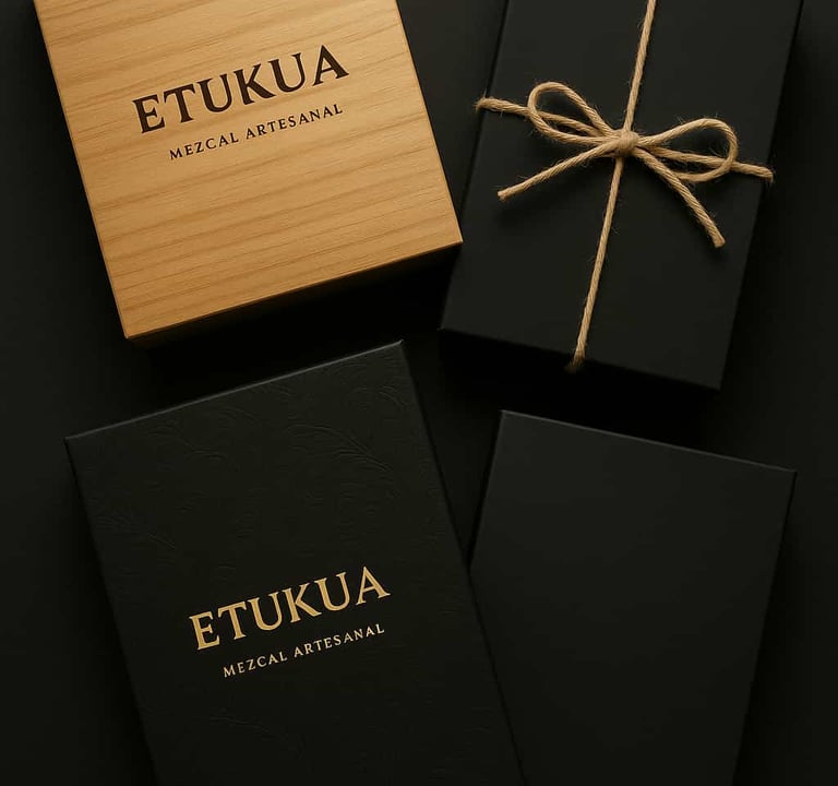 Diferentes opciones de cajas regalo Etukua en una composición elegante, mostrando estilos desde made
