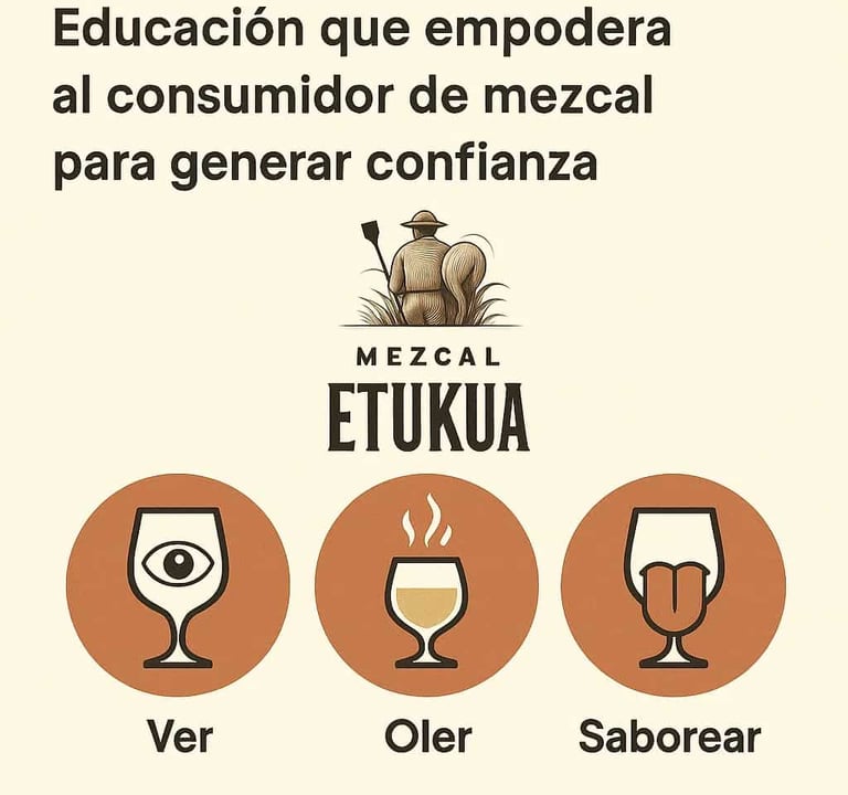 Infografía simple que muestra los pasos básicos para catar mezcal: ver, oler, saborear.