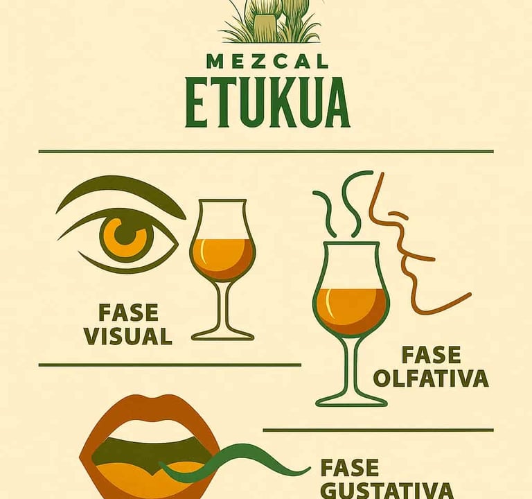 Infografía que muestra los tres pasos del análisis sensorial: vista, olfato y gusto para evaluar mez