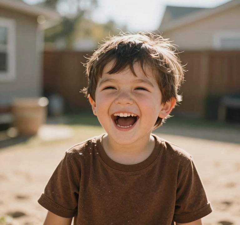 A candid portrait of a child’s joyful laughter in a North American backyard. Sun-drenched atmosphere with warm, soft-focus background in deep brown and soft sand tones, emphasizing a heartfelt lifestyle moment.