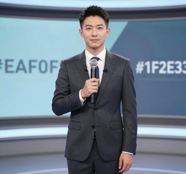 A professional broadcast host in a sharp suit standing on a modern set, holding a microphone. Professional studio lighting with neutral grey and blue accents (#EAF0F5 and #1F2E3A). Sleek, minimalist aesthetic.