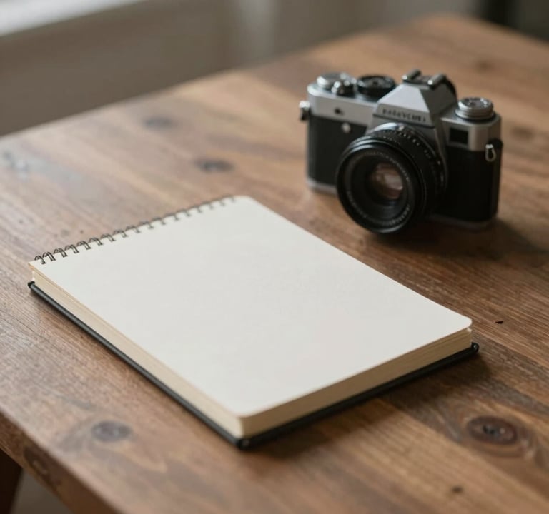 A minimalist still life of a vintage camera and a simple diary on a rustic wooden table, bathed in soft afternoon light. Muted palette including #7B6654 and #F8F5EF.