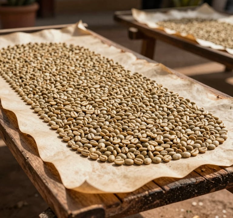 Artistic detail of parchment coffee beans spread out to dry on traditional wooden beds in a sunny South American courtyard, textures of wood and roasted tan grains, warm and inviting atmosphere.