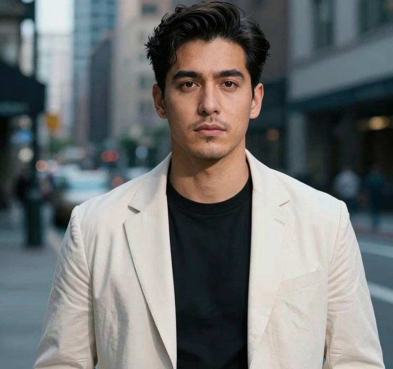 A professional portrait of a person in a stylish North American / US urban setting. The background is slightly blurred with muted steel blue tones, while the subject is sharp and clear with warm off-white lighting.