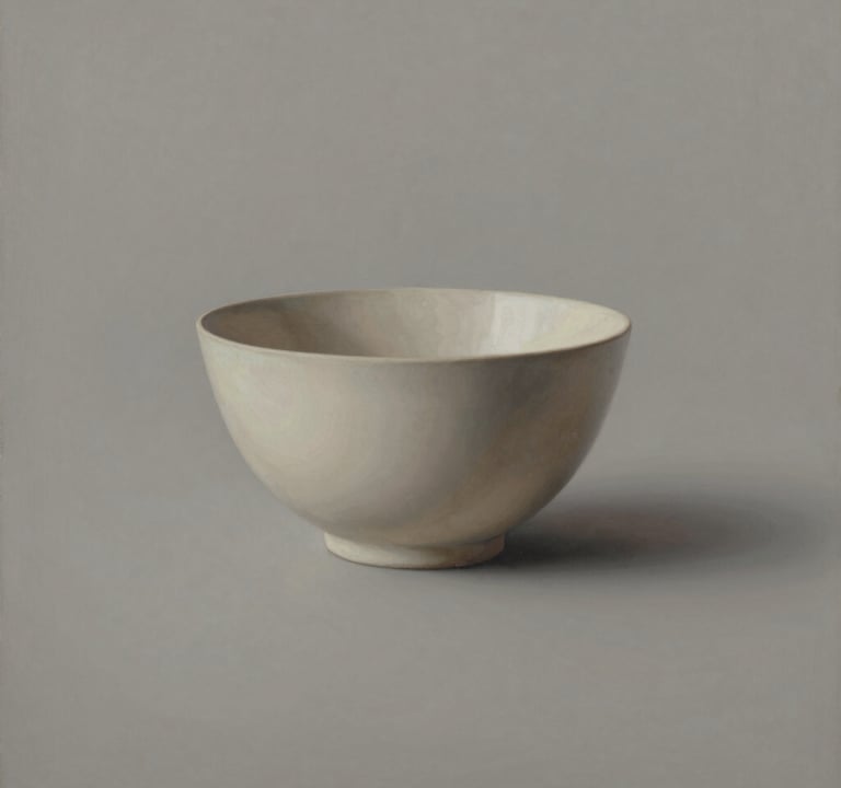 An elegant painting of a singular, minimalist object bathed in soft shadow. The background is a muted #C8C0B2, while the subject features subtle #6B705C tones. The composition is balanced and contemplative, resembling an immersive art sanctuary.