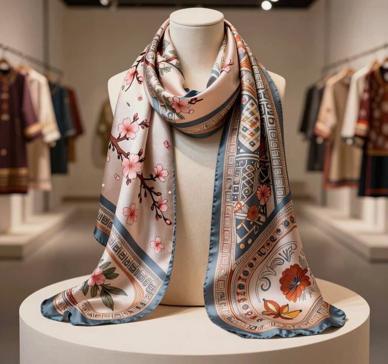 A high-end product shot of a luxury silk scarf featuring a blend of cherry blossom motifs and geometric South Asian patterns, draped over an ivory pedestal in a East Asian / South Asian influenced for a global luxury audience gallery setting.