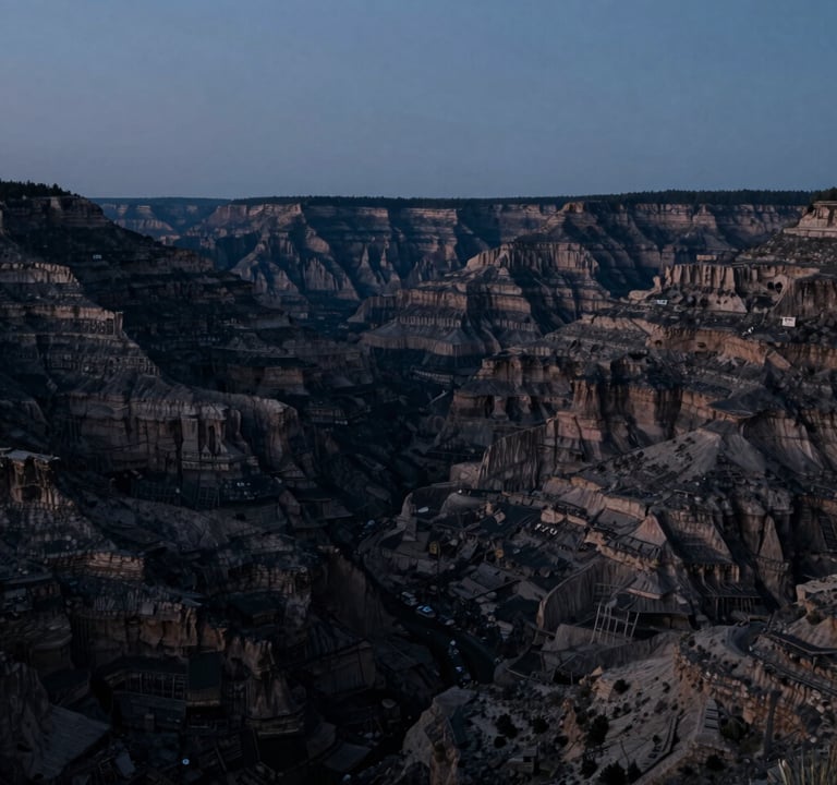 A wide cinematic landscape still from a completed feature film, capturing a vast North American valley at dusk, sophisticated deep charcoal black and muted blue gray color palette.