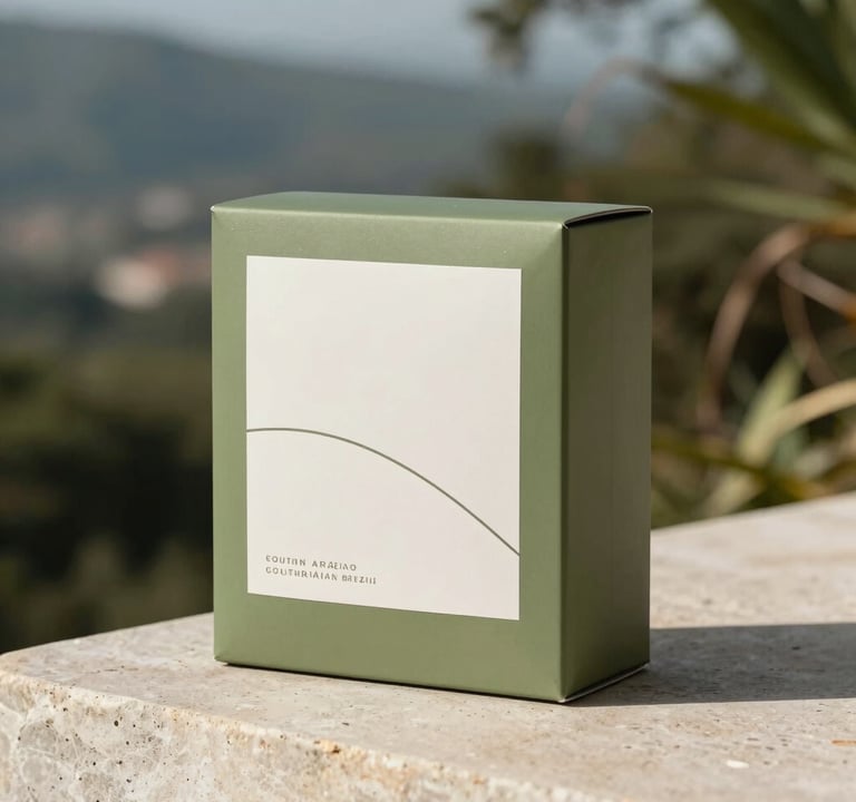 Modern and sophisticated product packaging design featuring olive green and off-white tones. The product is placed on a clean stone surface with soft morning light, South American Brazilian setting.