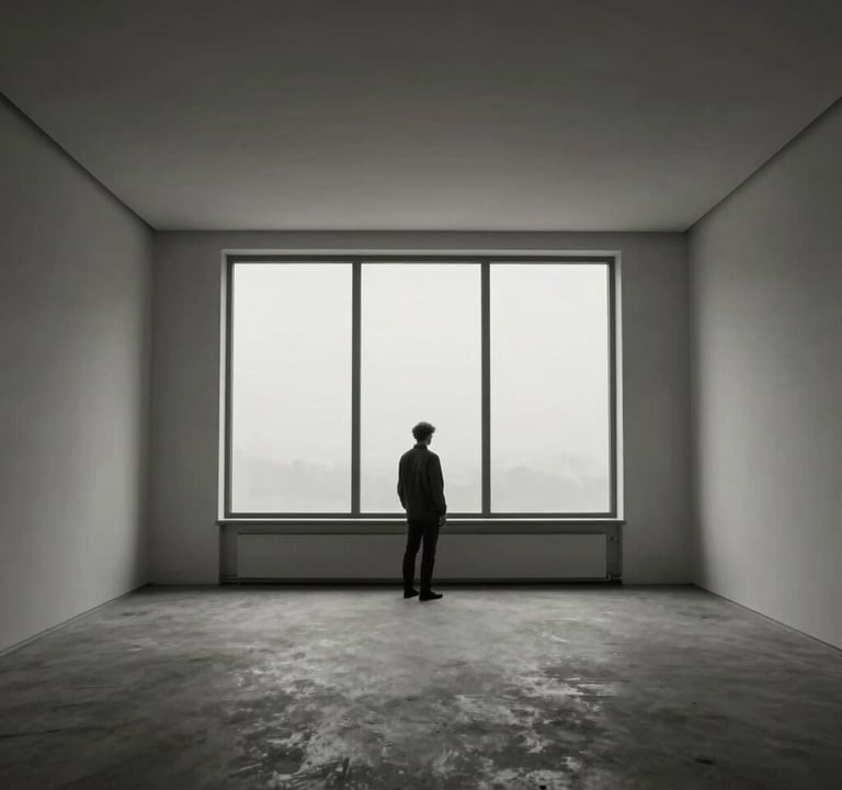 A wide, cinematic shot of a minimalist Dutch interior with one central figure standing near a large window. The lighting is soft and grey, emphasizing the charcoal and off-white tones of the room. Premium editorial storytelling photography.