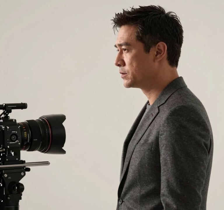 A profile photography shot of a dramatic dialogue scene on a North American / US television set. The composition is minimalist and contemporary, focusing on the actor's sophisticated presence. Lighting is soft and professional with off-white tones.
