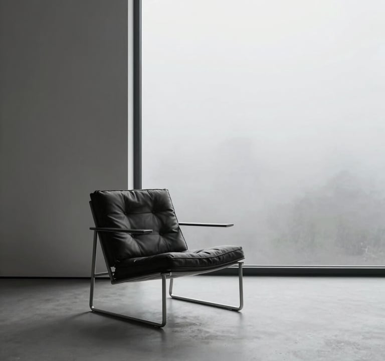A minimalist interior space with a single designer chair in dark leather, a large window showing a misty morning, and vast amounts of negative white space. Quiet, calm, and expensive atmosphere. Palette: #1A1A1A, #F8F5F2.