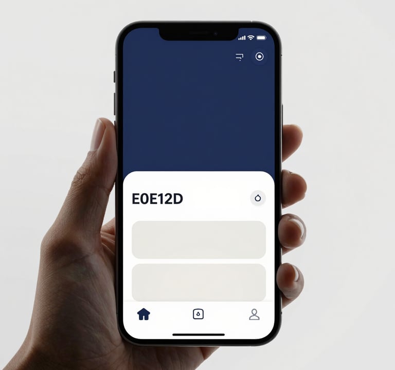 A sleek smartphone displaying a custom mobile app interface with professional layouts. The color scheme is predominantly #0D1B2A and #E0E1DD. Minimalist, modern setting with professional lighting.