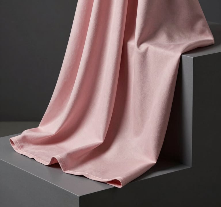 An abstract photography piece focusing on a soft pink textile draped over a dark gray geometric pedestal. The lighting is soft and directional, highlighting the fabric's texture against the sharp, clean edges of the pedestal in a professional North American studio setting.