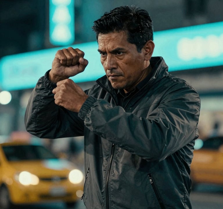 An action photo of a man performing in an urban South American / Colombian setting at night. He is wearing a dark grey jacket. The scene is lit by blurred neon cyan city lights in the background. High-quality cinematic photography.