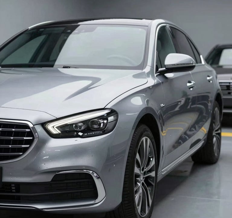 After shot: The same luxury sedan from section 1, now with a perfectly smooth surface where the dent used to be, reflecting the clean workshop environment, professional finish, leading aura.