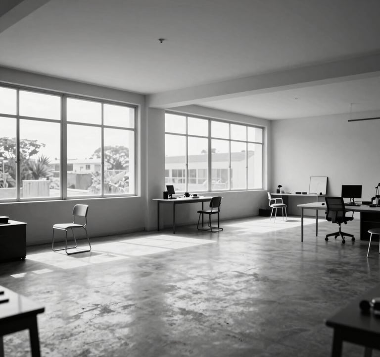 A wide-angle black and white photograph of an open, airy studio space in Brasília, featuring large windows and minimalist furniture, emphasizing a clean and high-craft professional atmosphere.