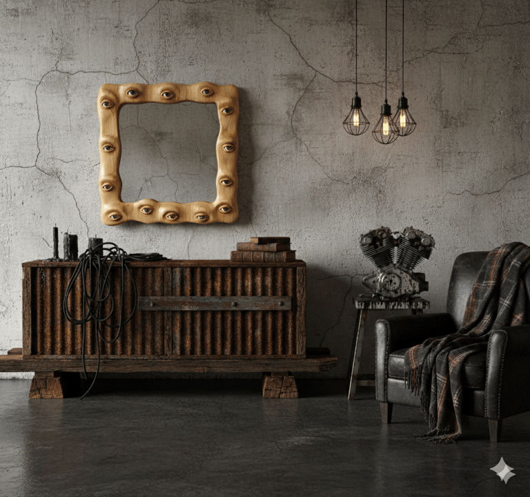 Marco de espejo de madera ondulada y surrealista con ojos tallados de manera realista 