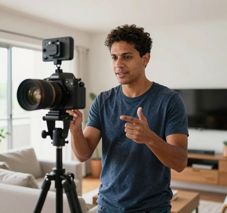 A dynamic shot of a South American / Brazilian man in a contemporary Brazilian apartment, engaged in filming a vlog. Professional lighting equipment is visible but not distracting. The style is bright, clean, and professional.