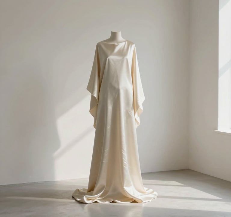 A minimalist photograph of a silk sculpture in a bright, soft off-white room. The shadows are long and soft, emphasizing the organic rhythm and patterns of the fabric.