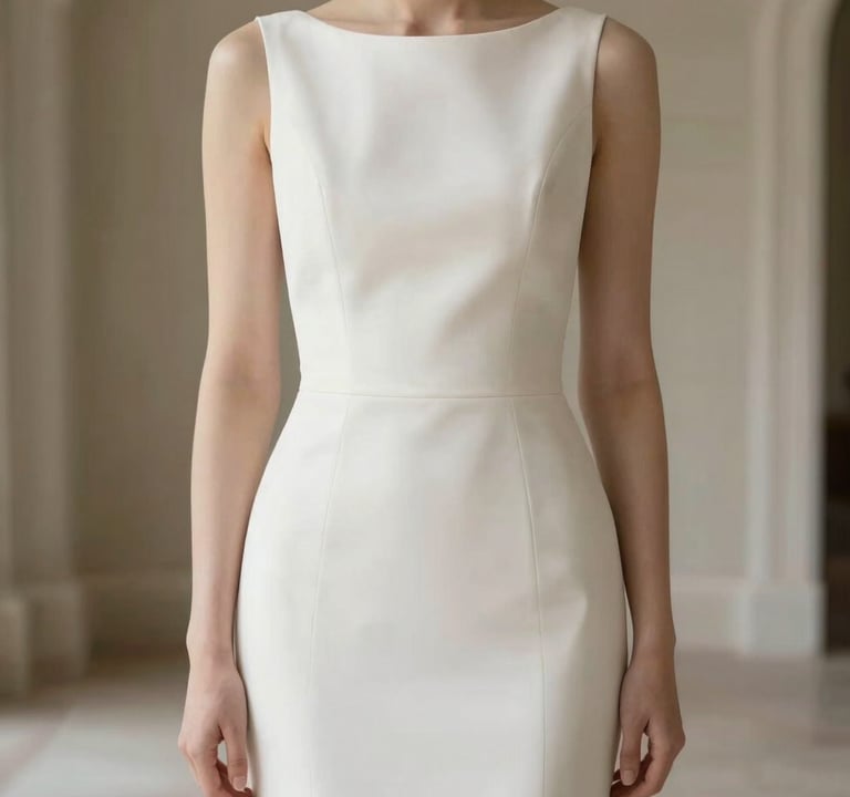 A professional bridal portrait in a North American / European setting. The subject wears a minimalist, clean off-white dress with clean lines. The background is a soft-focus interior of a luxurious villa with muted taupe walls.