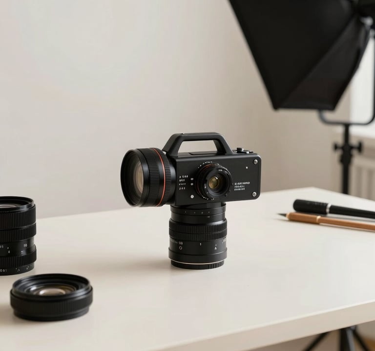 Lifestyle photography of a clean artist's studio with off-white surfaces and professional black gear, elegant natural lighting, International / Professional setting.
