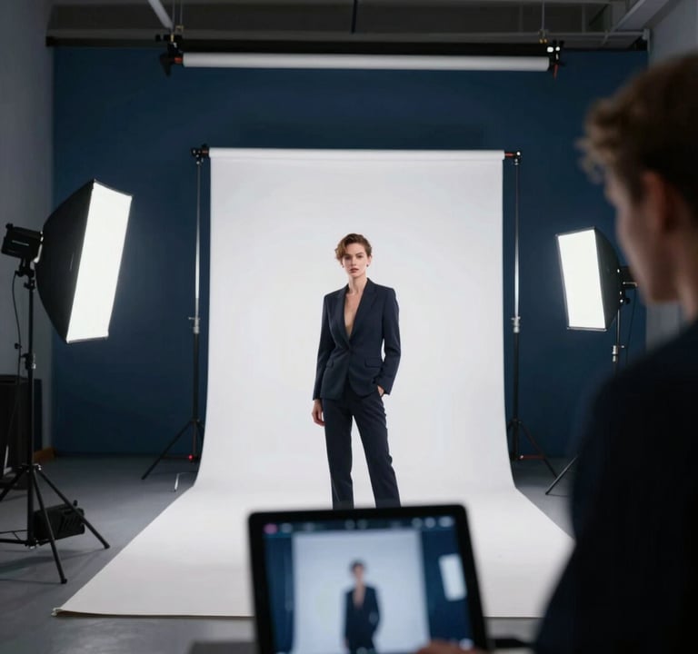 Action shot of a photo session in progress. A professional set with lighting equipment, a talent posing, and a tablet in the foreground showing the live feed. Elegant, high-contrast atmosphere with deep blues and crisp whites.