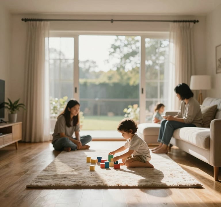 A family living room with floor-to-ceiling windows. Warm sun-drenched floorboards and a plush rug. A child is playing with blocks in the light. Authentic, cinematic, and deeply personal storytelling image.
